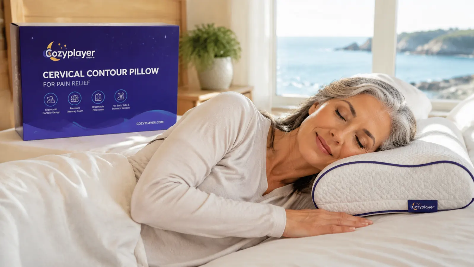 Close-up of hands adjusting the height of an adjustable cervical contour pillow on a bed