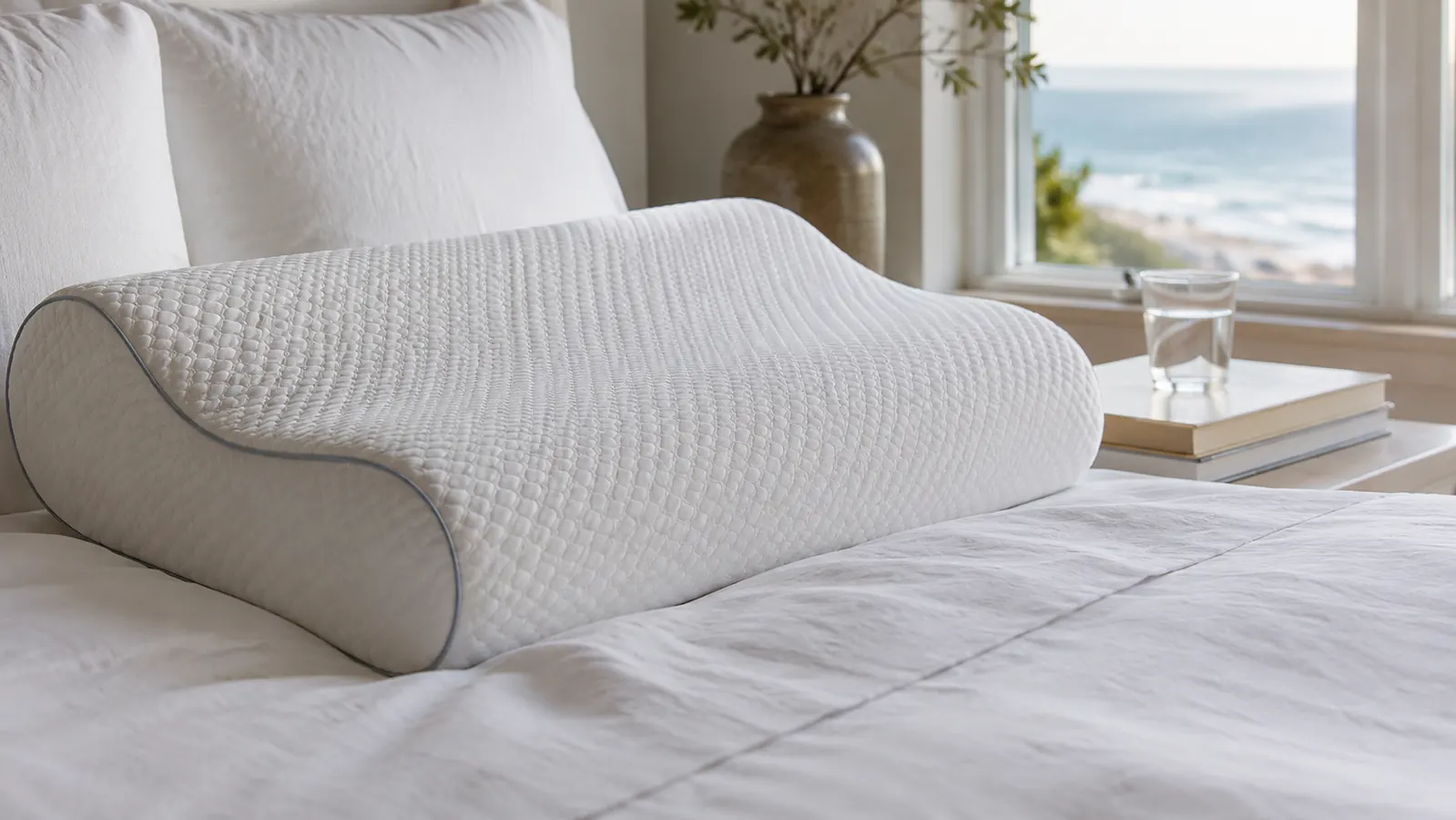 Woman sitting up in bed looking refreshed and relaxed in the morning near an ocean-view window