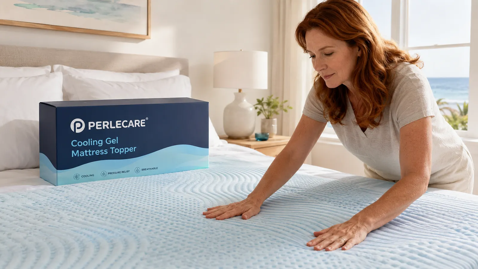 Close-up of hands pressing into a blue-tinted gel memory foam mattress topper, showing the material's softness and the visible cooling gel beads embedded in the foam