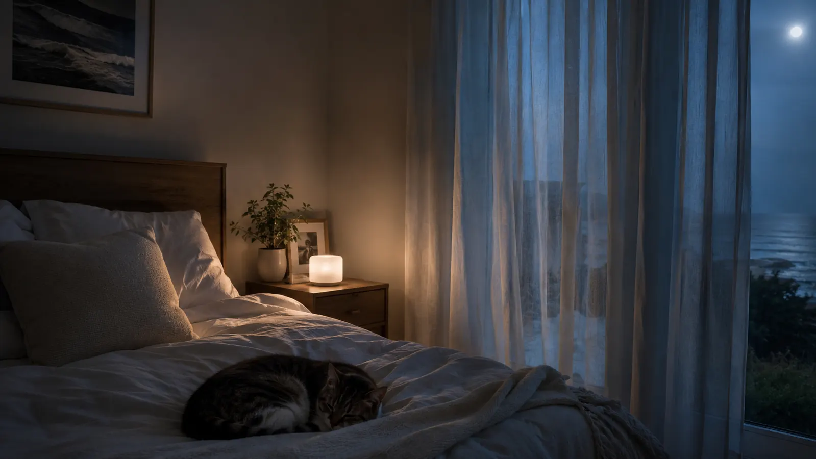 Woman sleeping peacefully in a darkened bedroom with a sound machine glowing on the nightstand