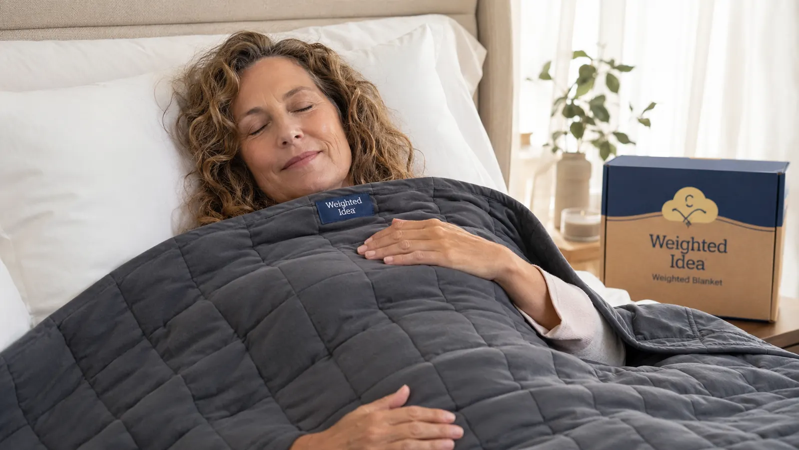 Close-up of hands smoothing the cotton grid texture of a dark grey weighted blanket across a bed