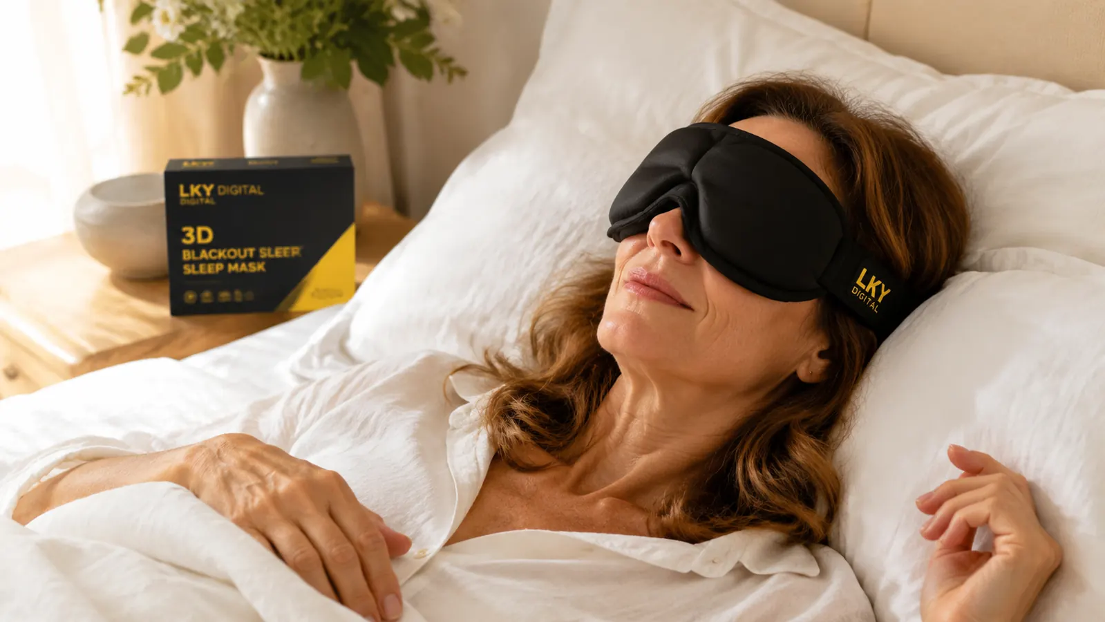 Close-up of the LKY DIGITAL 3D sleep mask showing the raised contoured eye cups and adjustable elastic strap