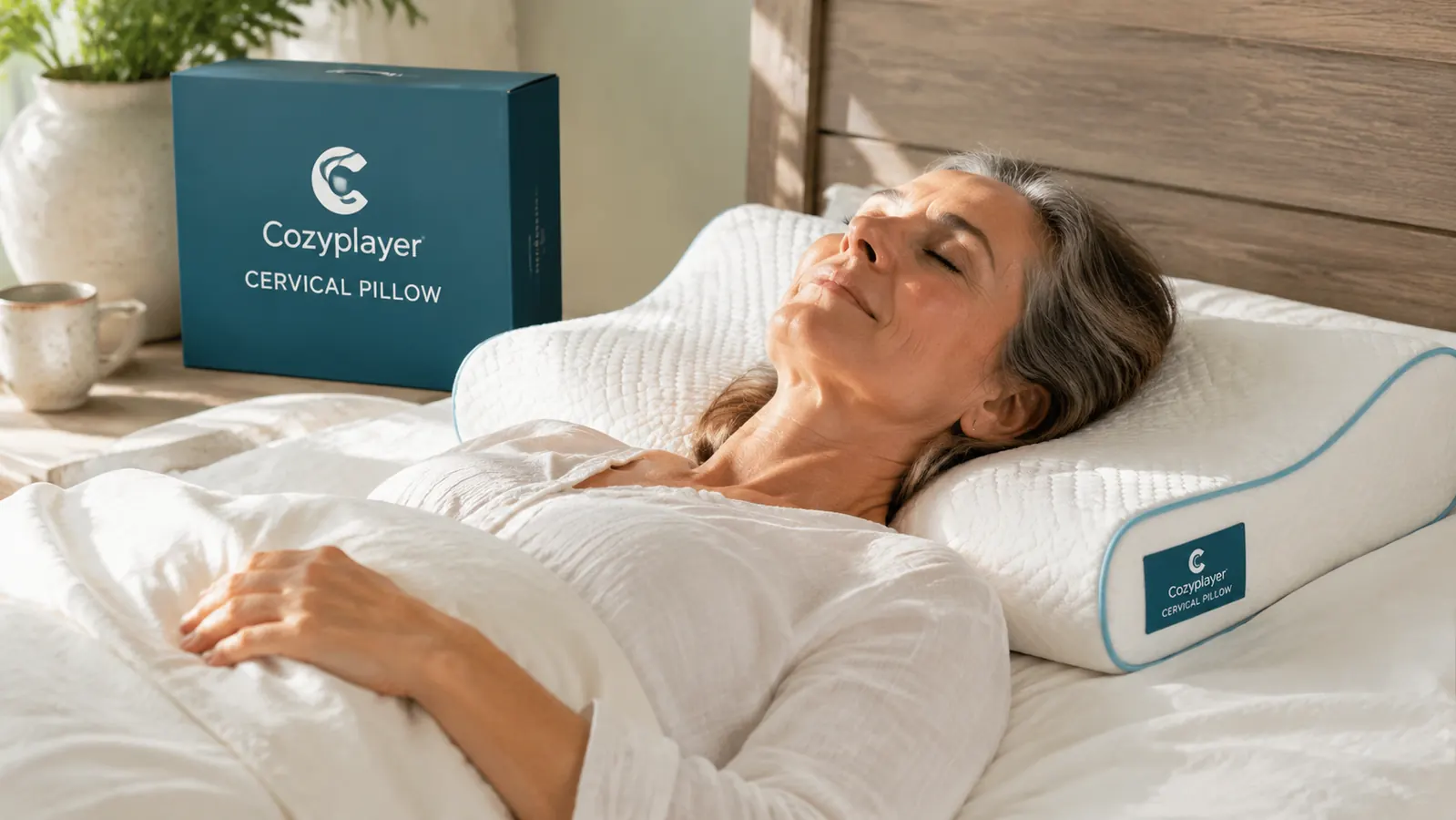 Close-up of the contoured cervical pillow on a bed showing the two height ridges and the center valley, neutral linen background