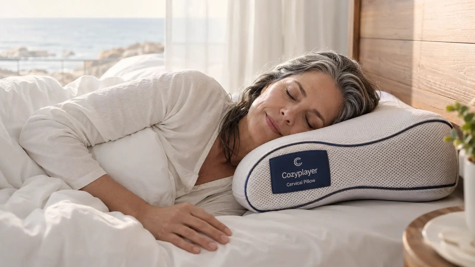 Hands adjusting the removable inner layer of a cervical memory foam pillow on a nightstand