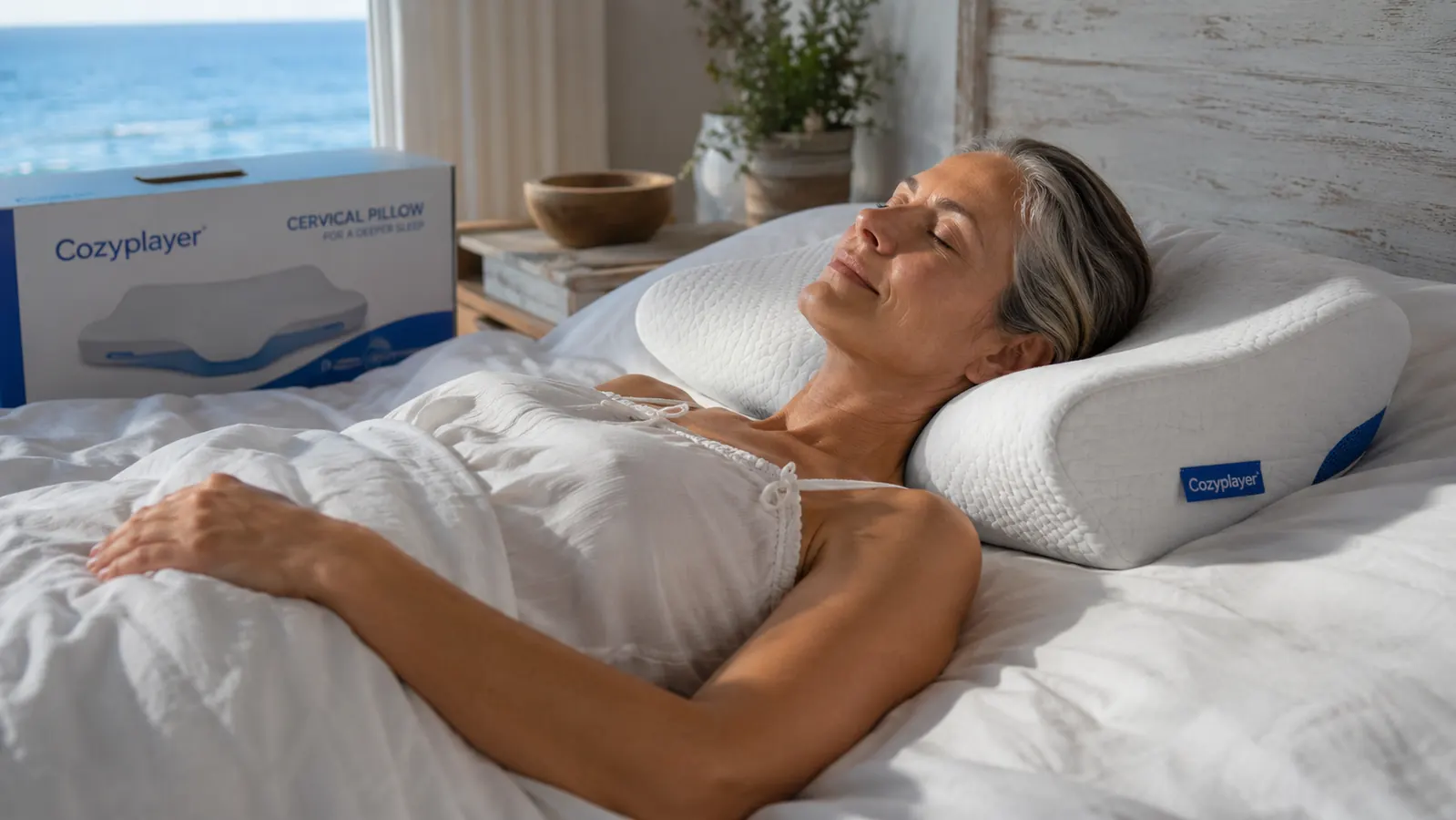 Cozyplayer cervical contour pillow on a white bed, showing the two-height contour ridges