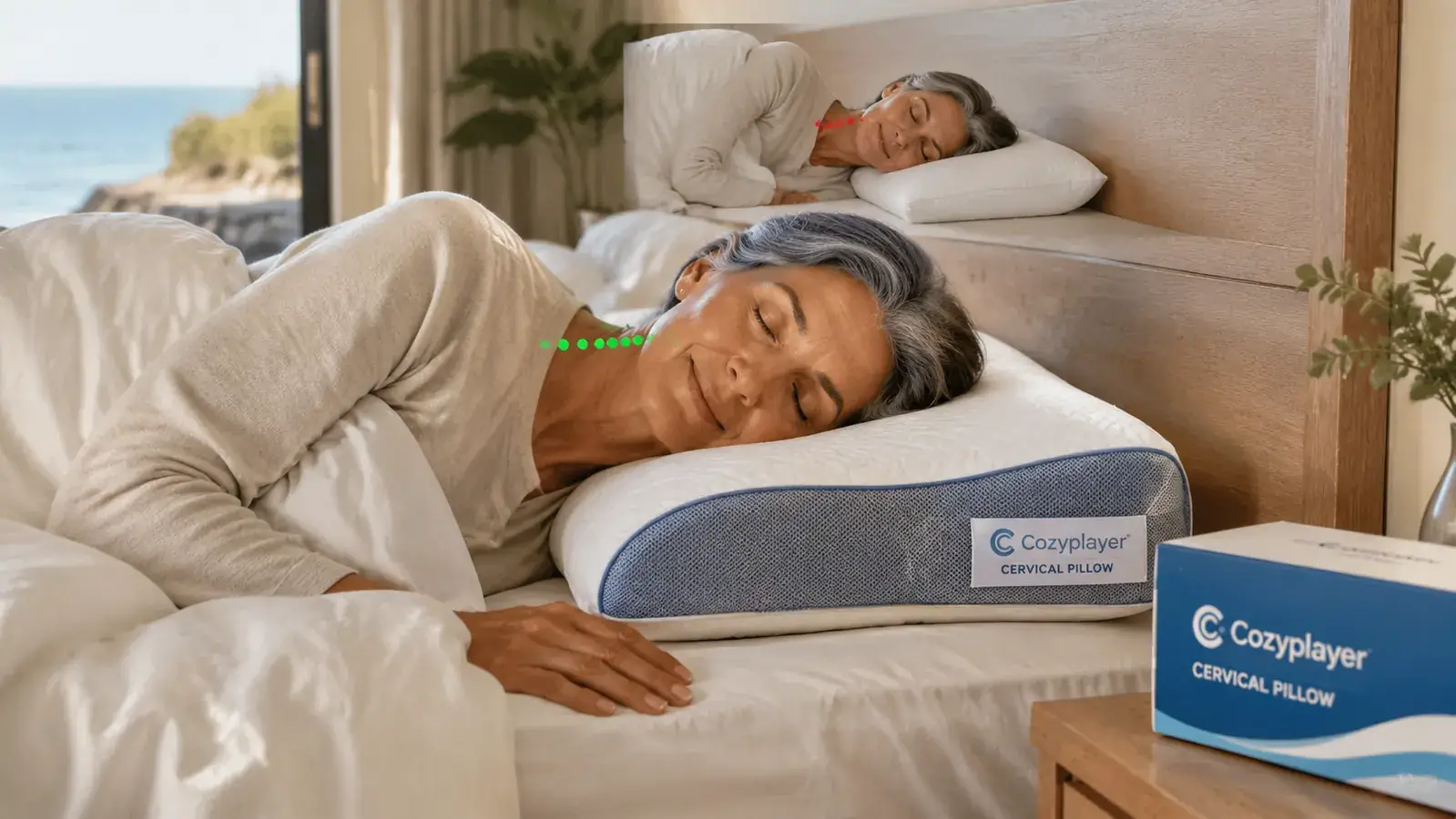 Hands adjusting the height inserts inside a cervical contour memory foam pillow on a bedroom nightstand