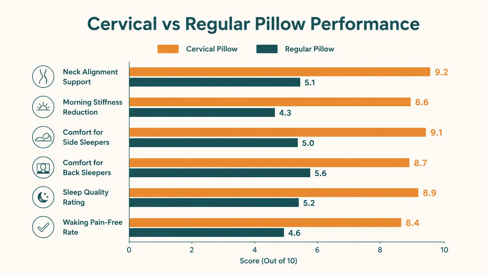Diagram comparing cervical spine alignment on a cervical pillow versus a regular pillow, showing neutral versus bent neck angle