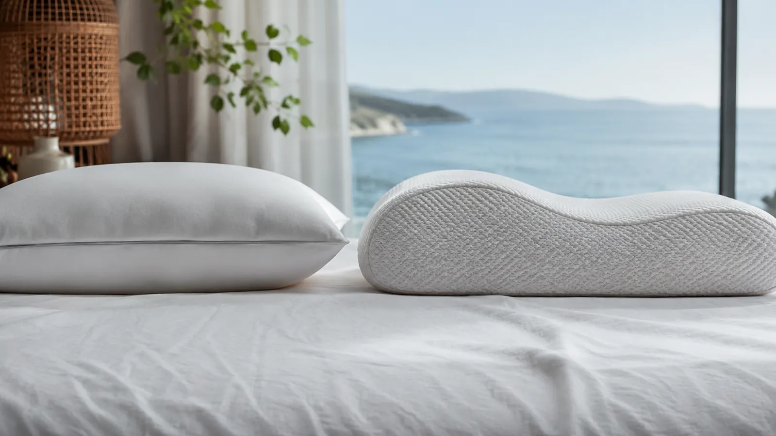 Woman sleeping peacefully on her side on a contoured cervical pillow, morning light from a coastal window