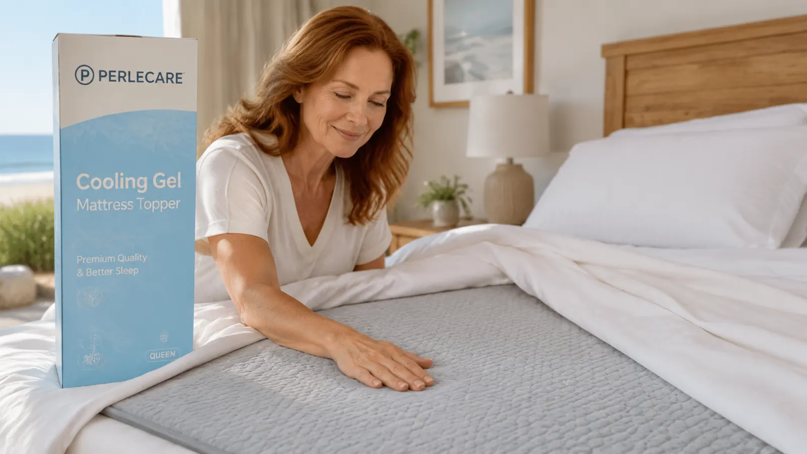 Hands smoothing a thick white memory foam mattress topper across a queen mattress with visible gel cooling layers