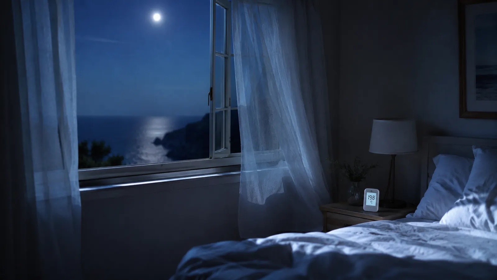 A woman sitting on the edge of a well-made bed in the morning, looking rested and relaxed, sunlight on the wall behind her