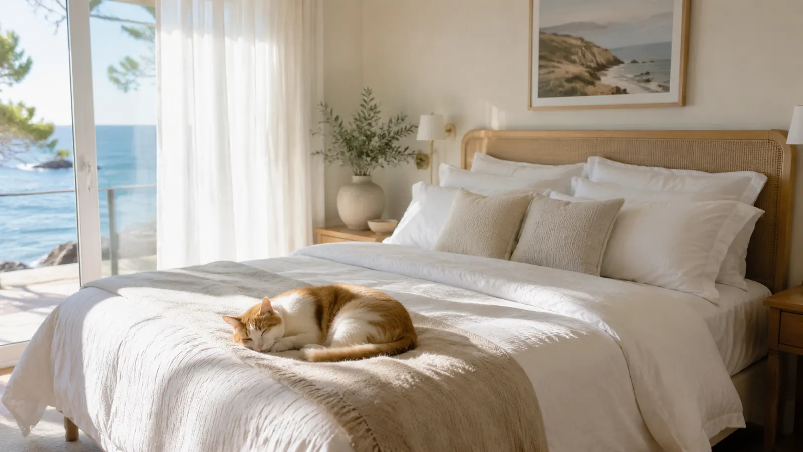 A peaceful dog sleeping on a cool tiled floor beside a bed, illustrating that even pets seek out cooler sleeping surfaces