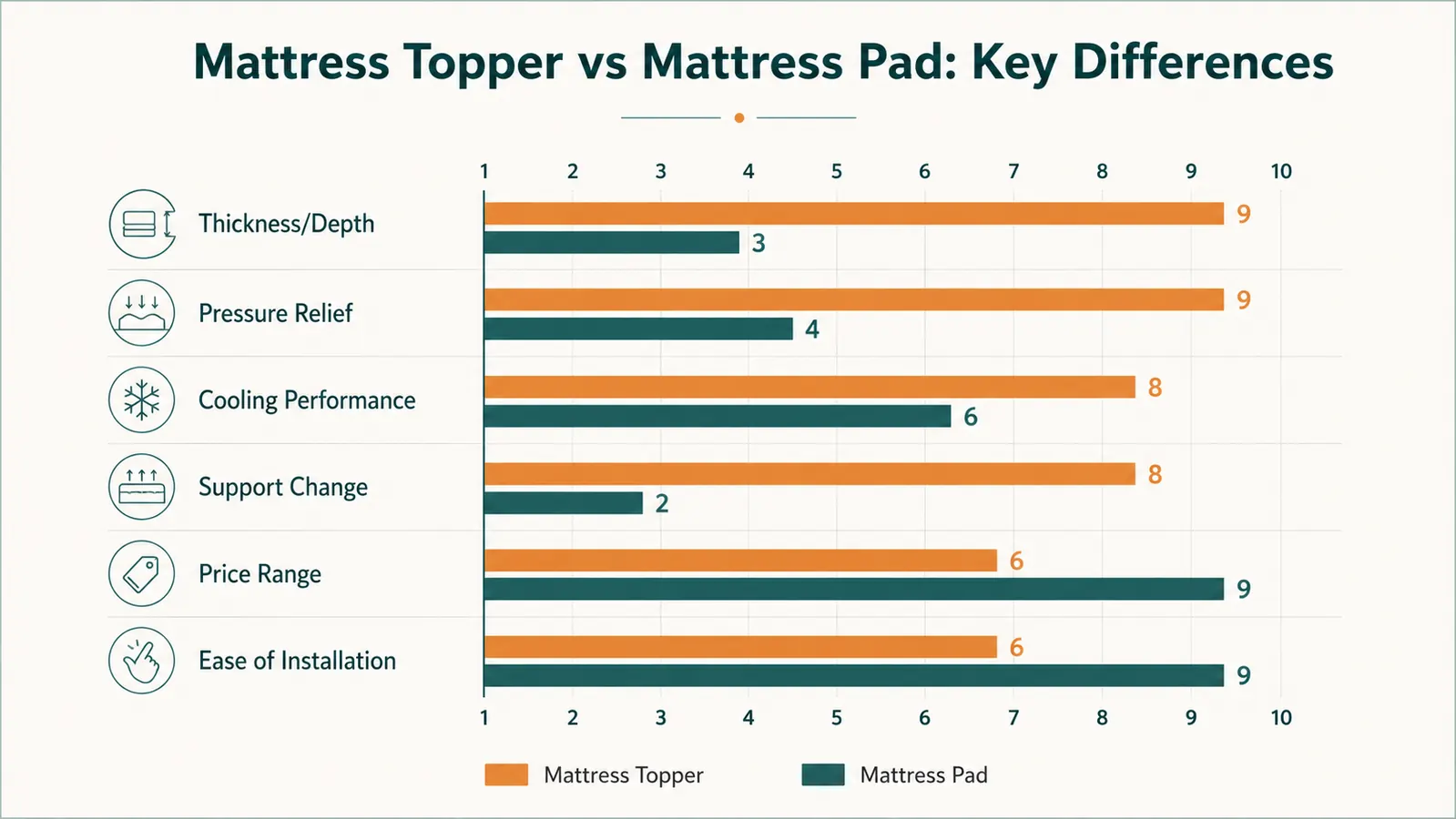 Chart comparing cooling mattress topper and mattress pad across five features including thickness, cooling, pressure relief, cost, and lifespan