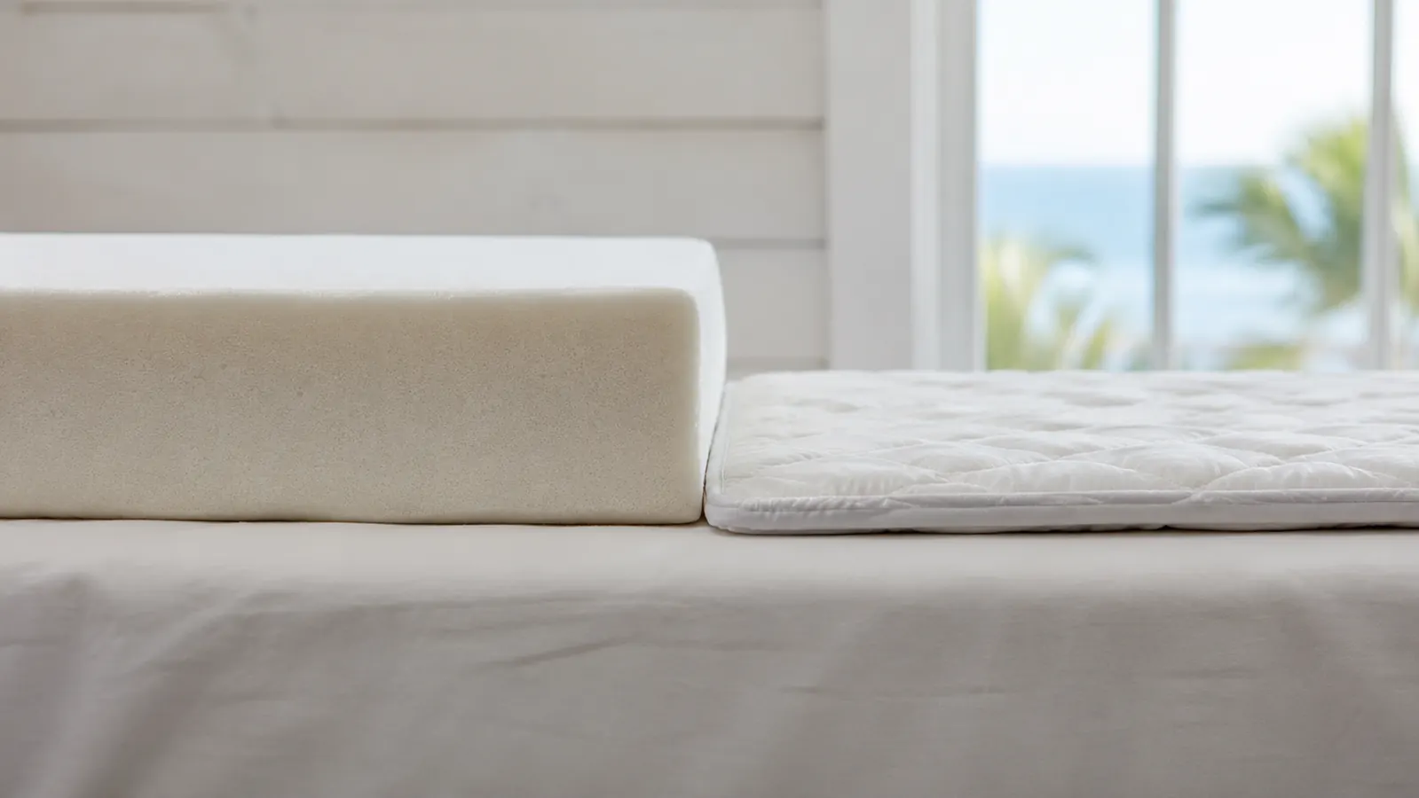 Woman sleeping comfortably on a thick bed in a bright coastal bedroom, relaxed and still