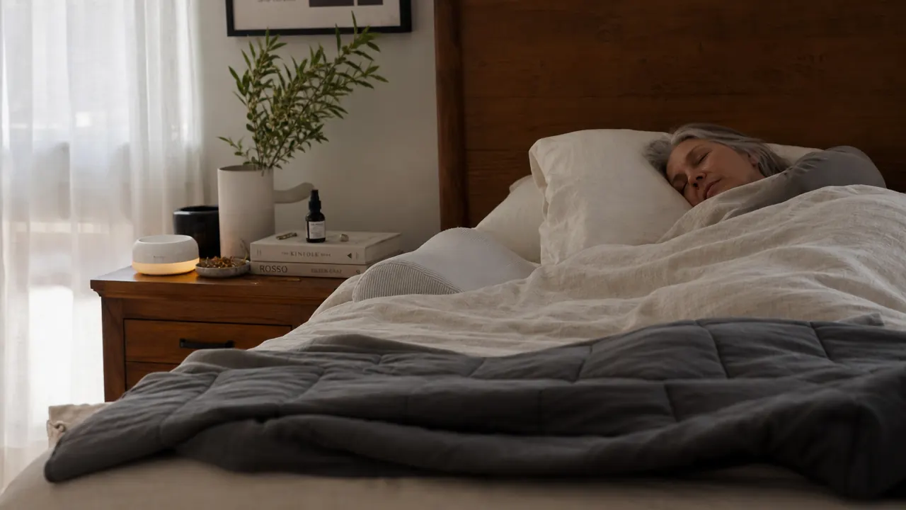 A grandmother in her late 60s sleeping peacefully in a softly lit bedroom in the dim blue light of early morning
