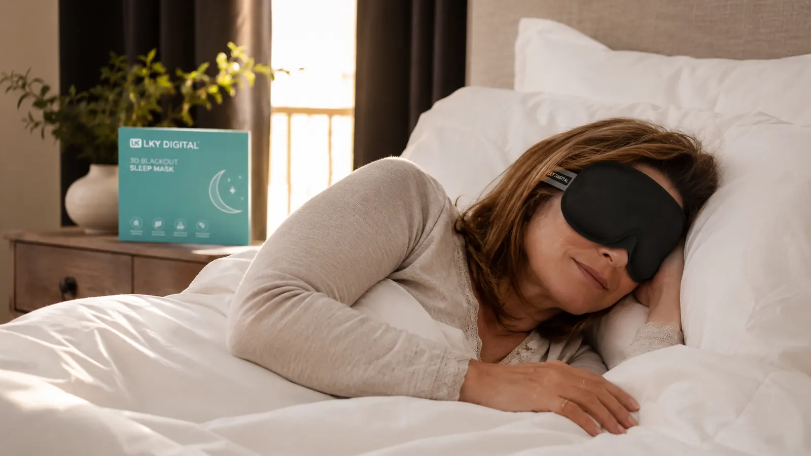 Woman wearing a 3D contoured sleep mask in bed, side-sleeper position, straps flat against the head