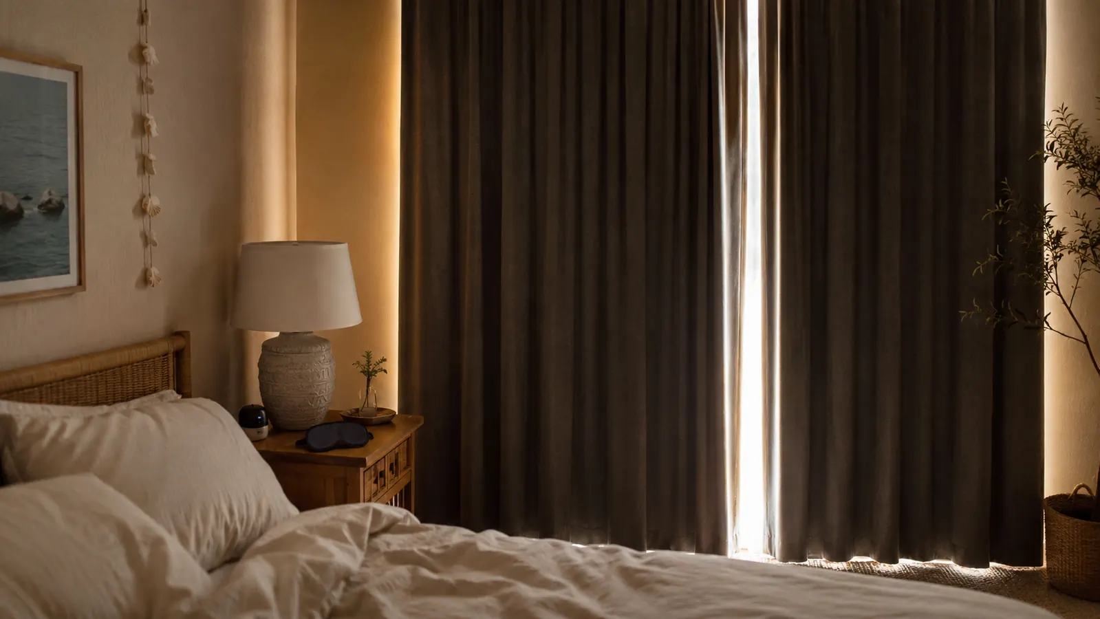Person sleeping peacefully in a dark bedroom with curtains fully drawn and no visible light sources