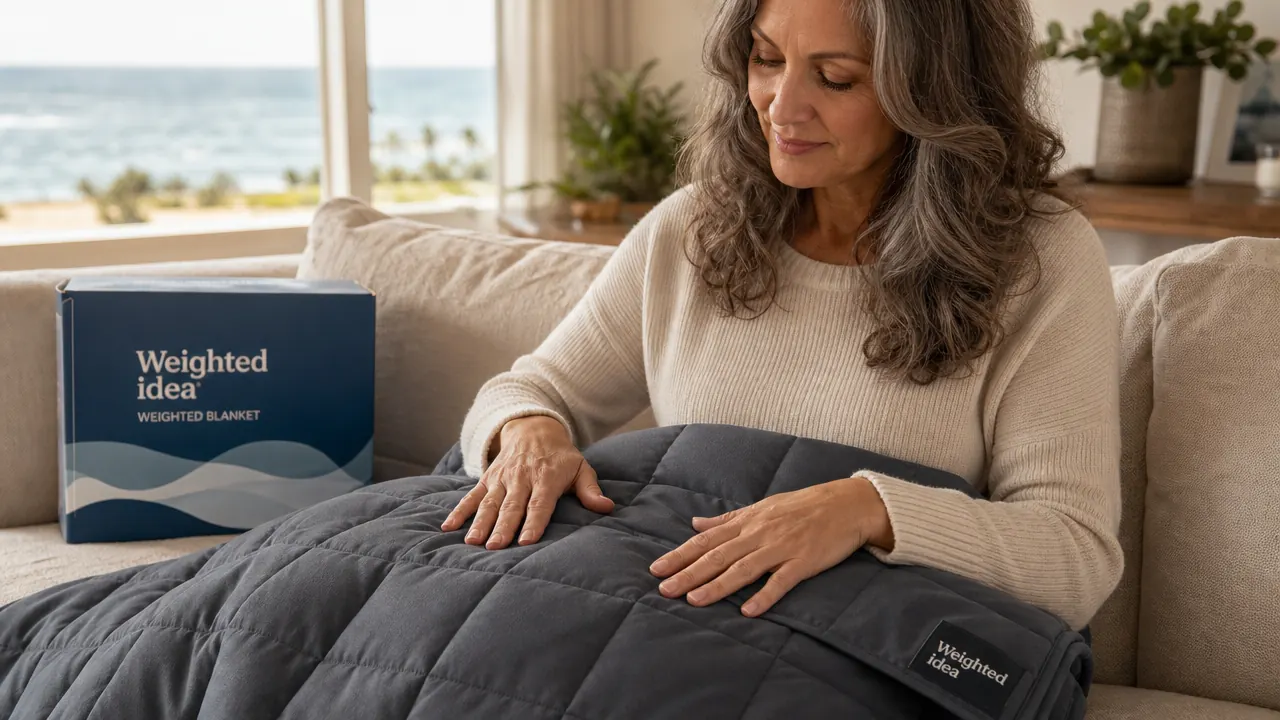 Person placing a 15-pound weighted blanket over their lap while sitting on a couch reading