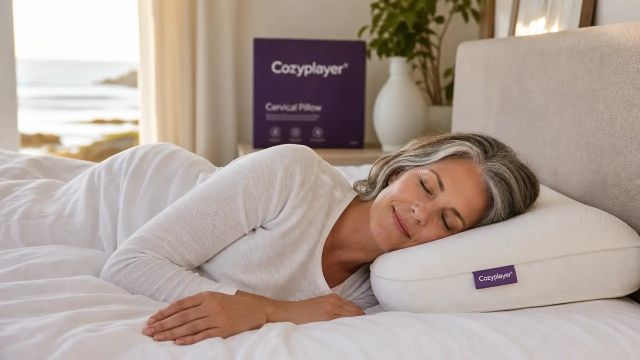 Hands adjusting the height of a contour cervical memory foam pillow on a white pillowcase