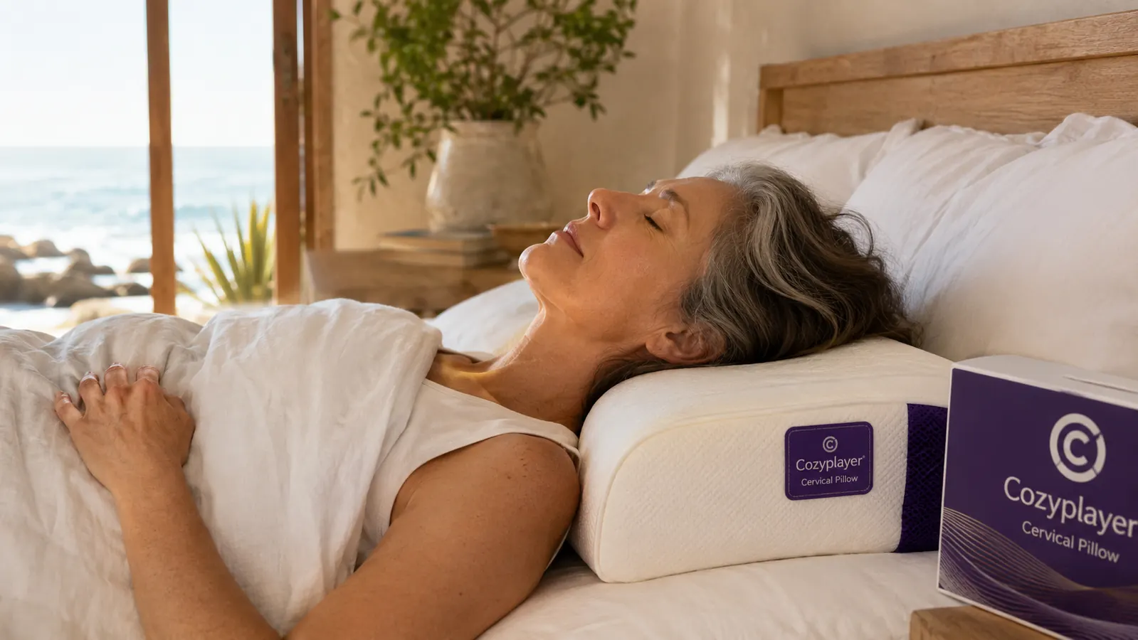 Person lying on their side in bed with head resting comfortably on a contour cervical pillow, eyes closed, relaxed