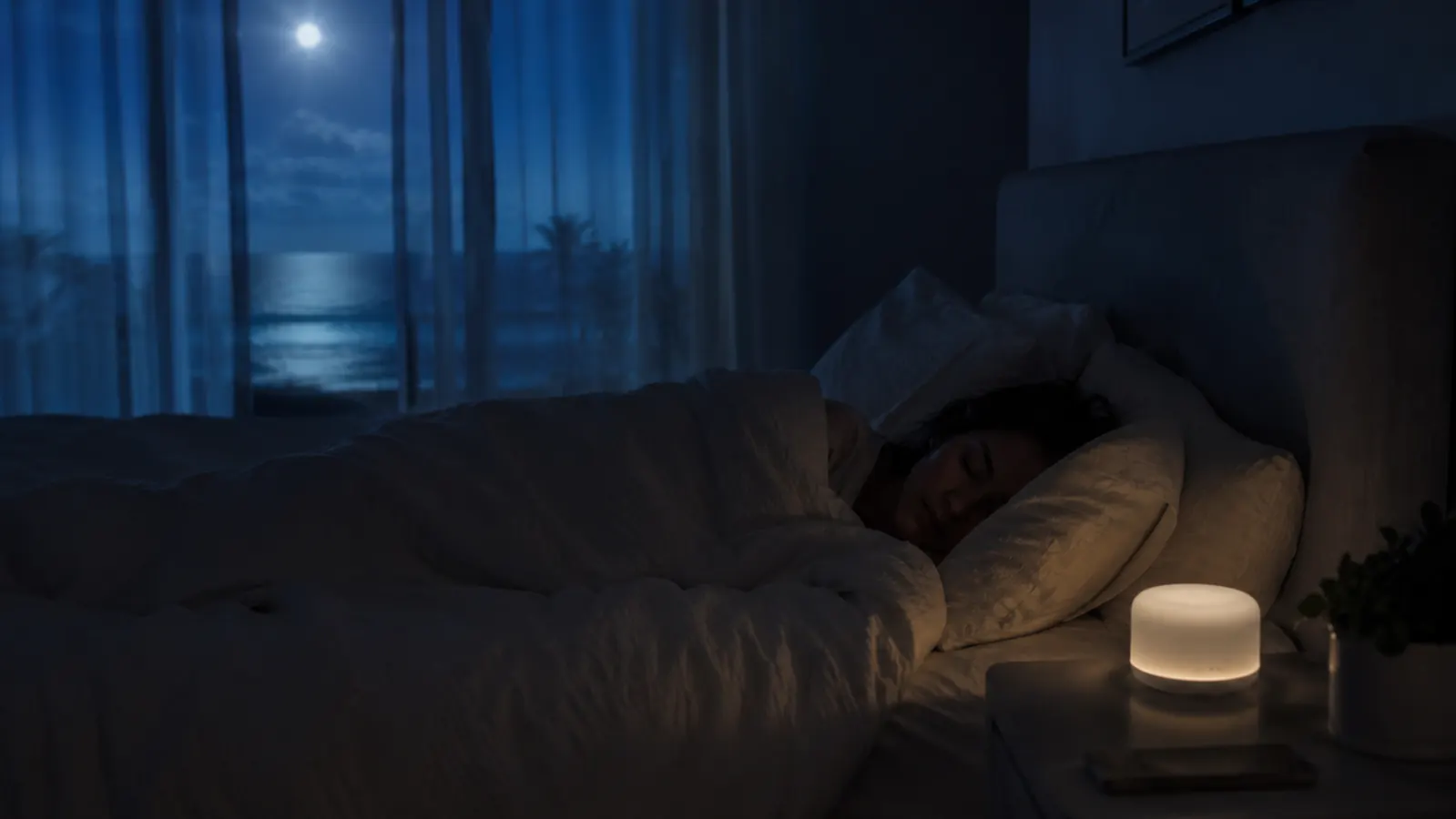 Relaxed woman sleeping peacefully in a dark bedroom with a small glowing sound machine visible on the nightstand