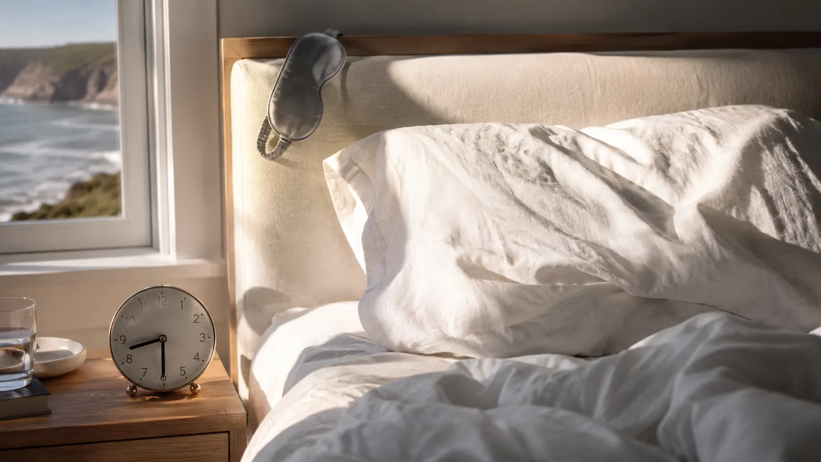 Older woman sleeping peacefully in bed wearing a 3D contoured sleep mask, bedroom lit by morning sun