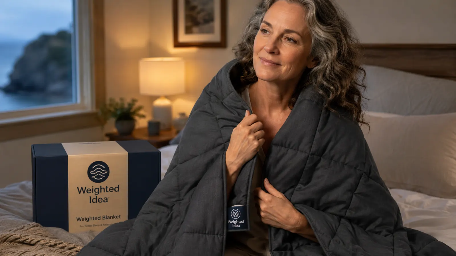 Hands smoothing a dark grey weighted blanket across a bed, late evening light
