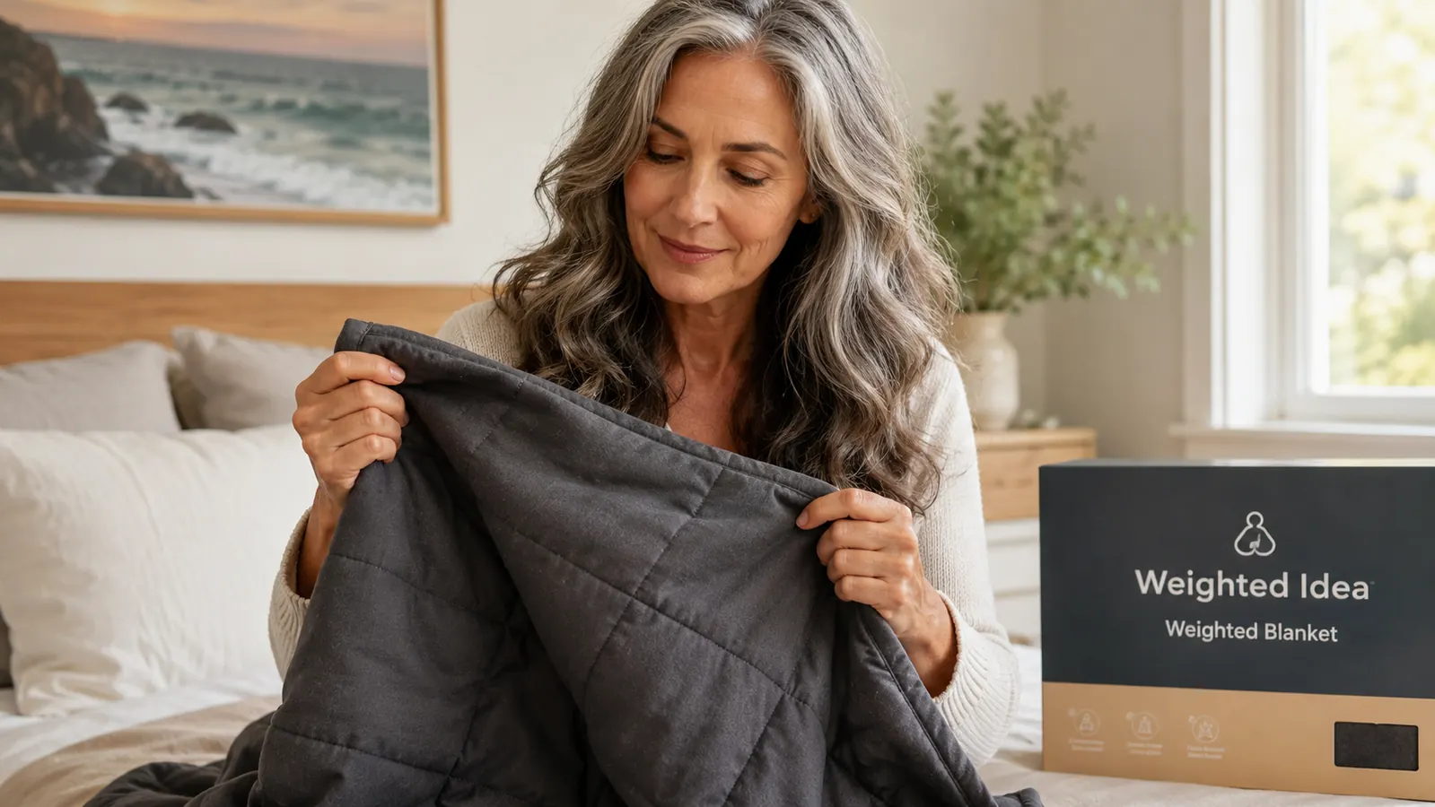 Person pulling a weighted blanket over their shoulders while sitting up in bed at night