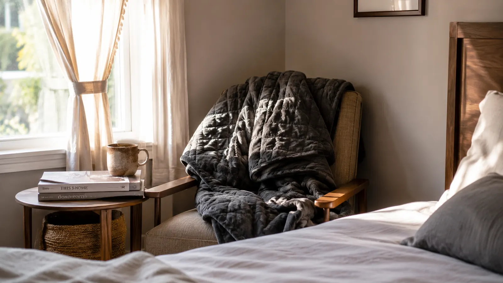 A woman relaxing in bed reading with a weighted blanket draped across her lap, a cup of tea on the nightstand, calm evening light