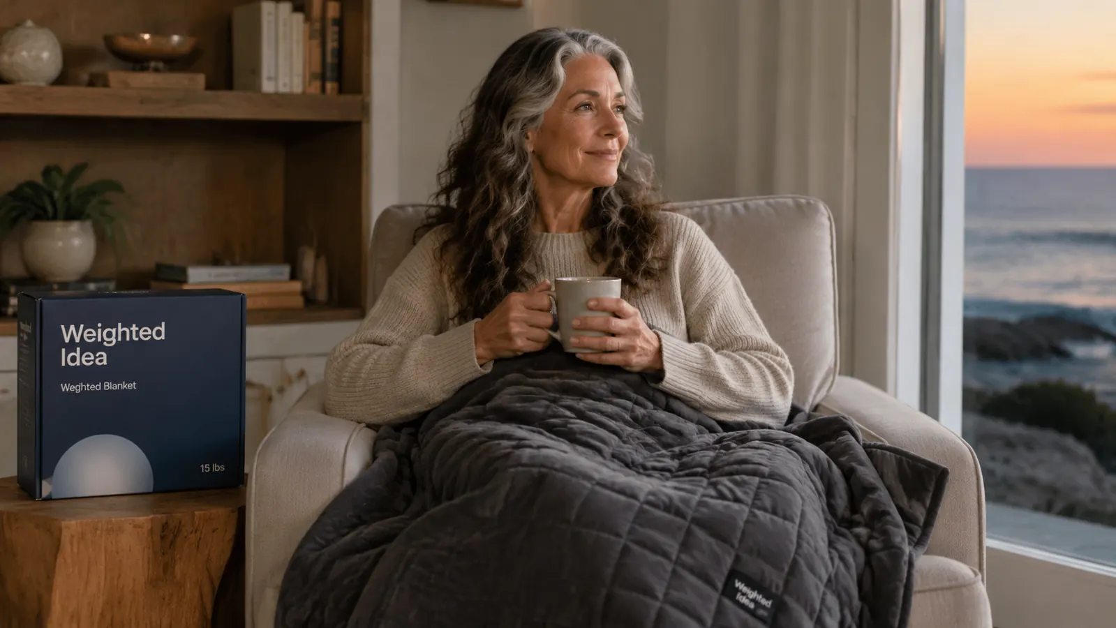 The weighted blanket laid flat showing its full dark grey 48 by 72 inch dimensions next to a standard twin pillow for scale