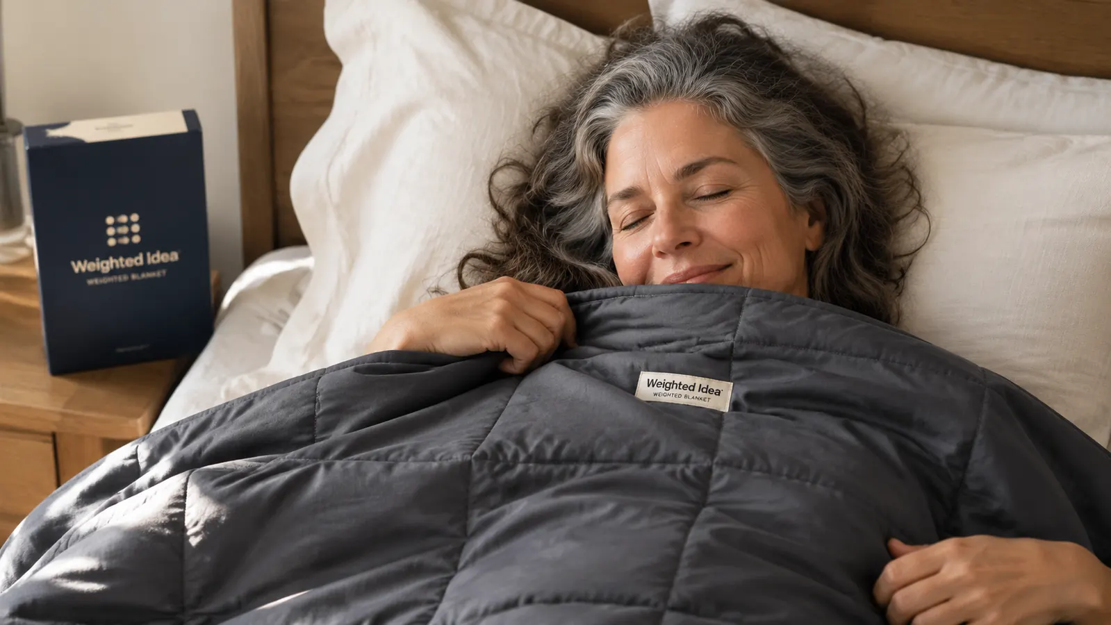 Hands smoothing a dark grey cotton weighted blanket flat on a bed, showing the textured quilted grid pattern