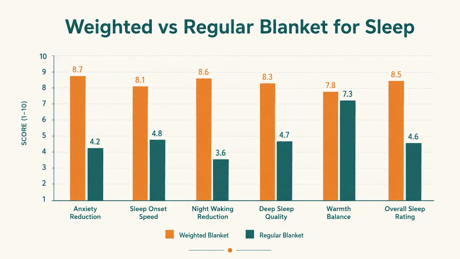 Side-by-side chart comparing weighted blanket to regular comforter on key sleep metrics including time to fall asleep and nighttime wake-ups