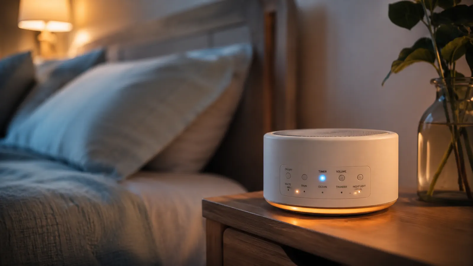 Woman lying in bed with eyes closed, sound machine glowing faintly on the nightstand behind her, peaceful coastal bedroom at night