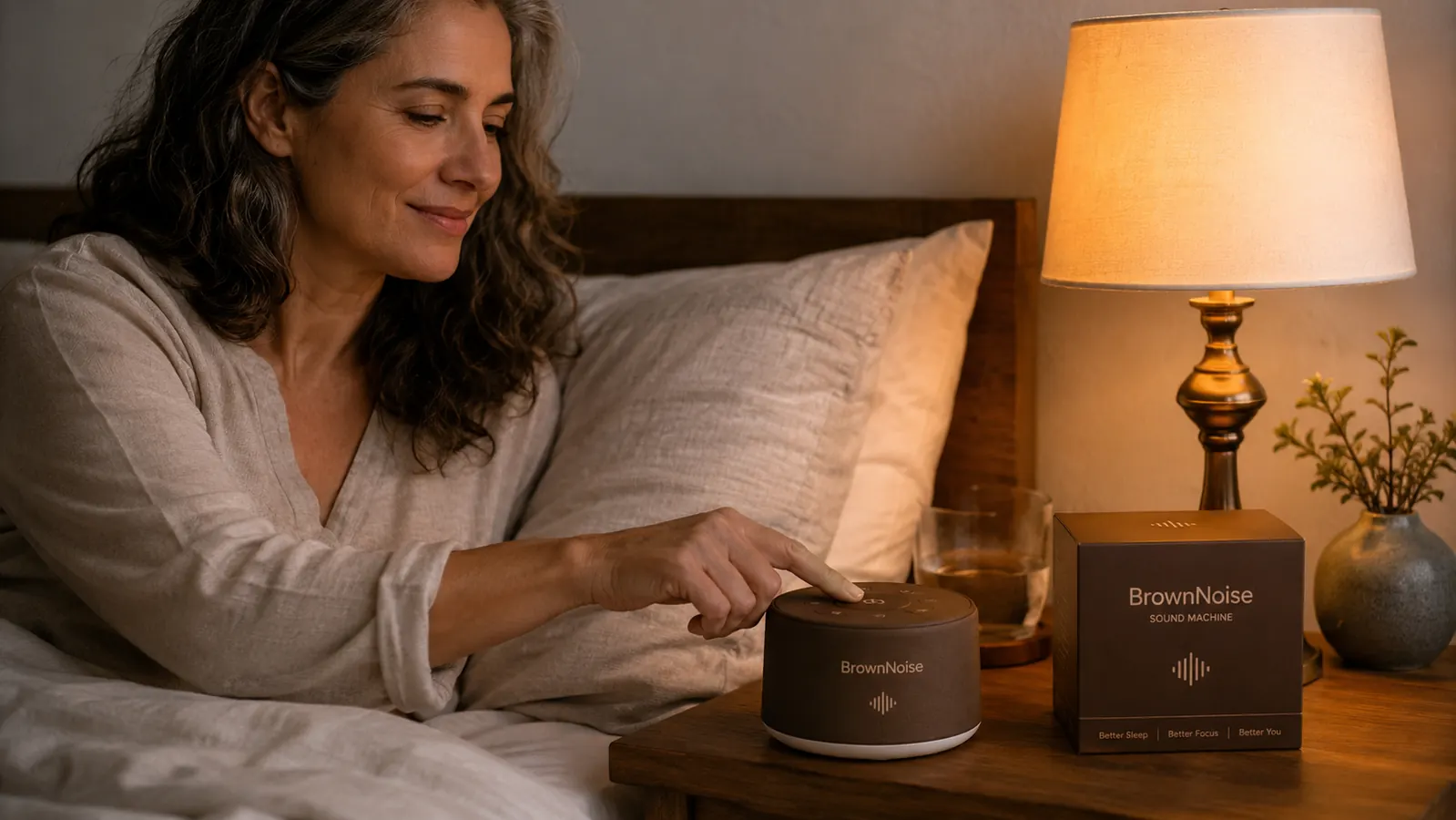 Hand pressing the button on top of a compact white noise and sound machine on a nightstand