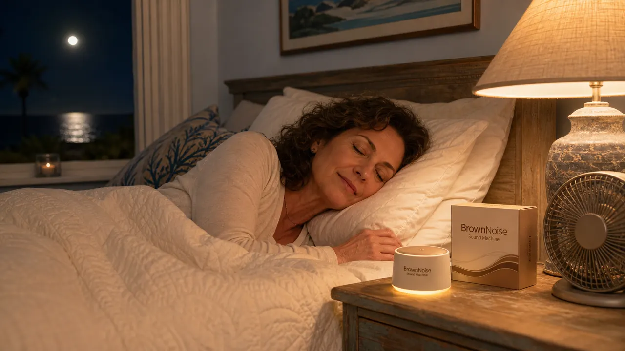 BrownNoise sound machine showing its control panel with 30 sound buttons and a soft night light glow