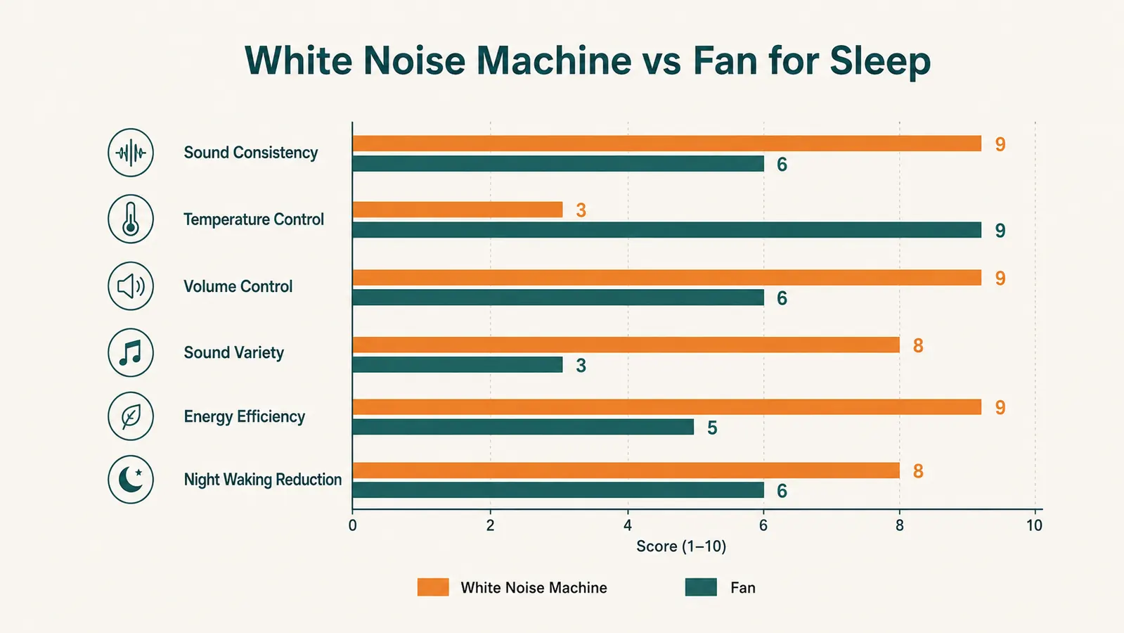 Chart comparing white noise machine and box fan across five categories: sound control, temperature effect, noise masking consistency, sleep-friendly features, and portability